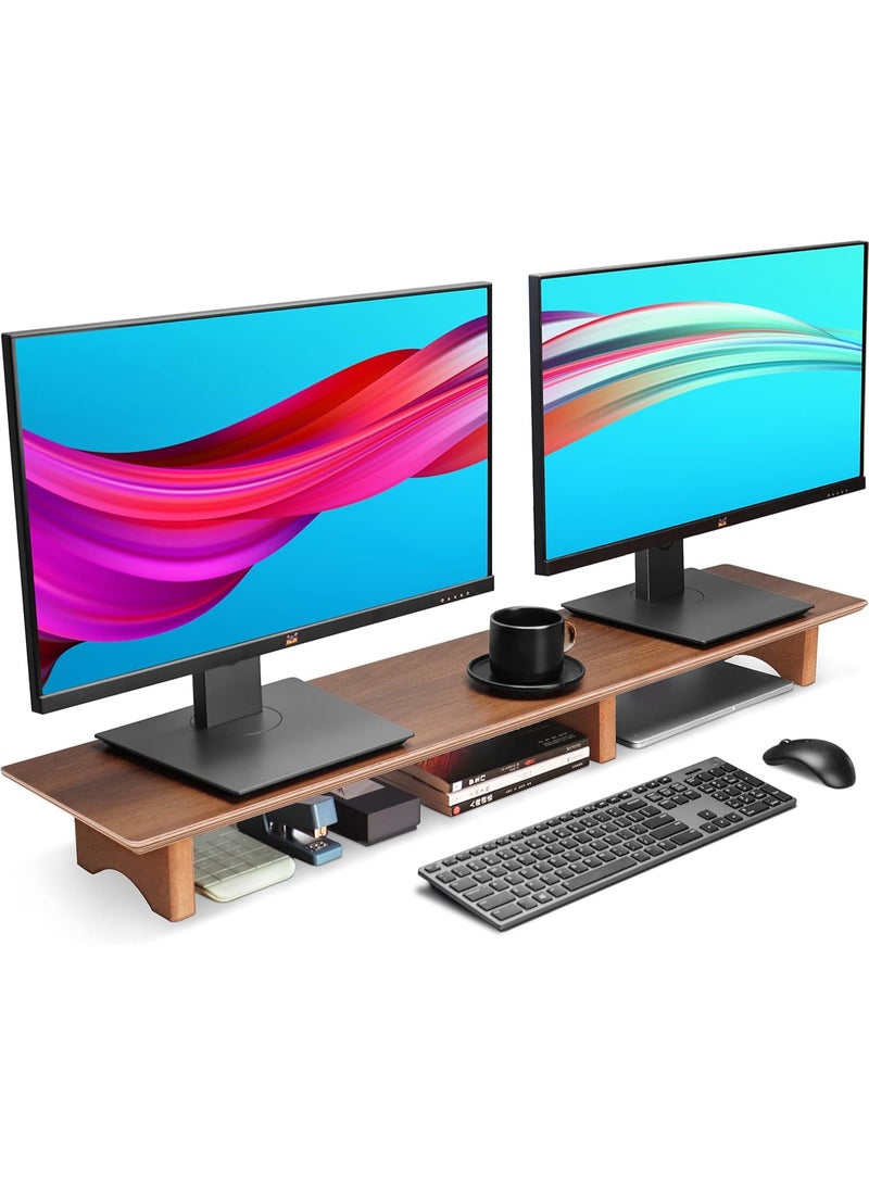 حامل لرفع الشاشة، حامل خشب صلب لسطح المكتب اللاب توب/التلفزيون/الكمبيوتر/الطابعات، رف منظم مثالي للمكتب مع مساحة تخزين اسفله لاكسسوارات المكتب من اوثيا (خشب جوز اسود، ثنائية) - Image 1