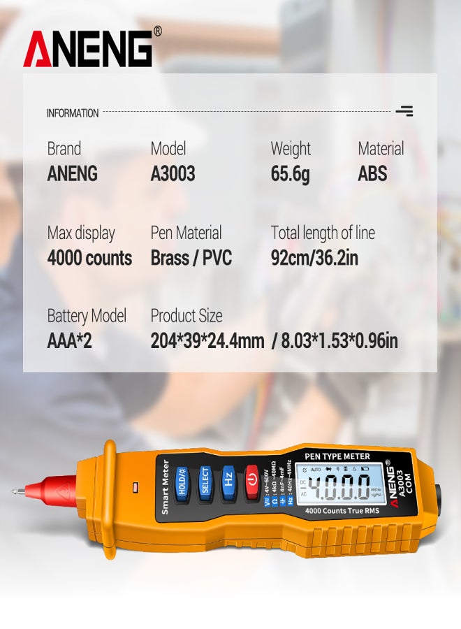 ANENG Digital Pen Multimeter NCV AC/DC Voltmeter Ohmmeter Resistance Capacitance Frequanecy Live Line Test Handheld 4000 Counts LCD Backlight Tester with Data Hold and Flashlight - Image 3