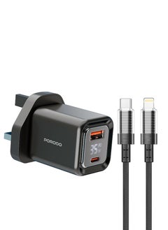 porodo Dual-Port Wall Charger 35W with Lightning Cable and Digital Display / Quick Charger / GaN Technology / UK Plug / for Phone/Tablet/Camera/Controller / Home and Travel - Black  - Image 1