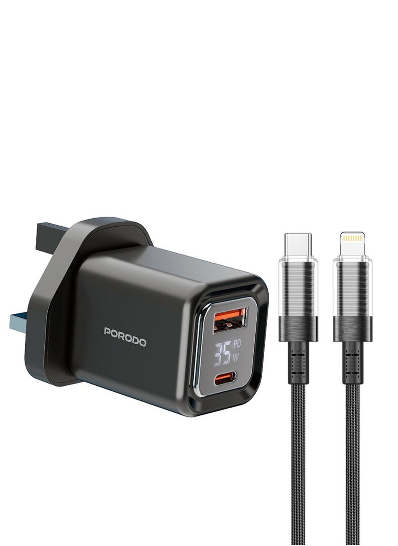 porodo - Dual-Port Wall Charger 35W with Lightning Cable and Digital Display / Quick Charger / GaN Technology / UK Plug / for Phone/Tablet/Camera/Controller / Home and Travel - Black - Image 1