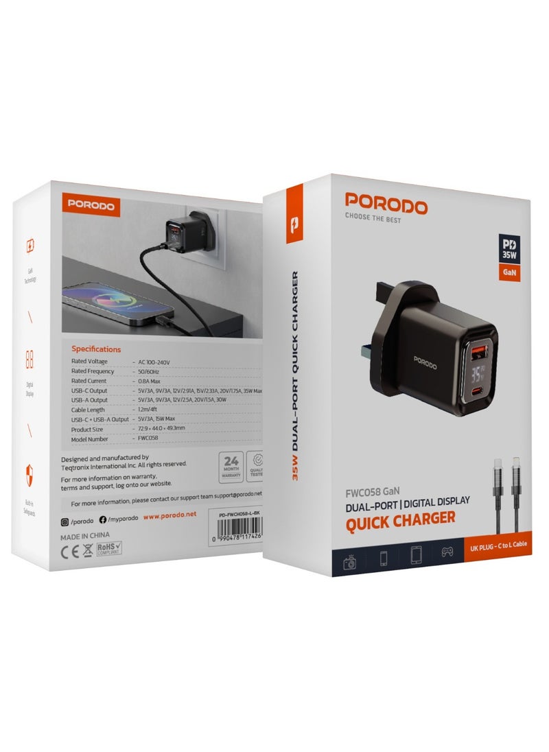 porodo - Dual-Port Wall Charger 35W with Lightning Cable and Digital Display / Quick Charger / GaN Technology / UK Plug / for Phone/Tablet/Camera/Controller / Home and Travel - Black - Image 1