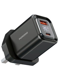 porodo Dual-Port Wall Charger 35W with Lightning Cable and Digital Display / Quick Charger / GaN Technology / UK Plug / for Phone/Tablet/Camera/Controller / Home and Travel - Black  - Image 2