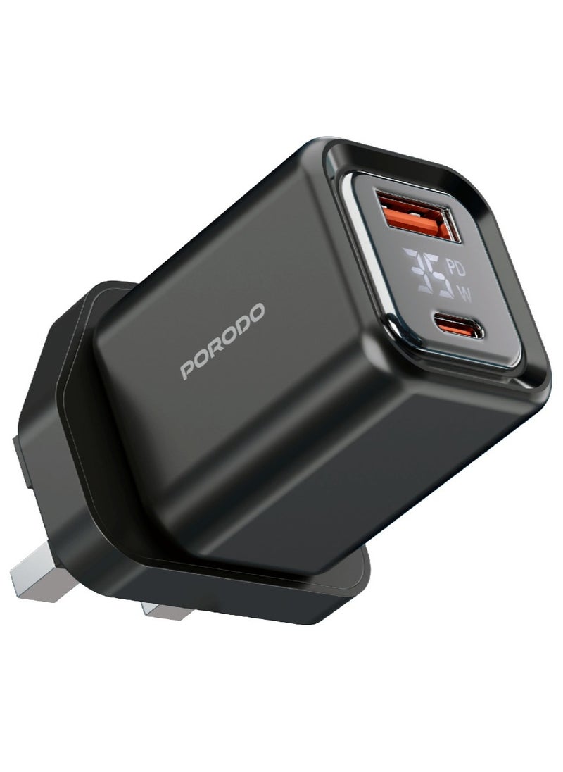 porodo - Dual-Port Wall Charger 35W with Lightning Cable and Digital Display / Quick Charger / GaN Technology / UK Plug / for Phone/Tablet/Camera/Controller / Home and Travel - Black - Image 1