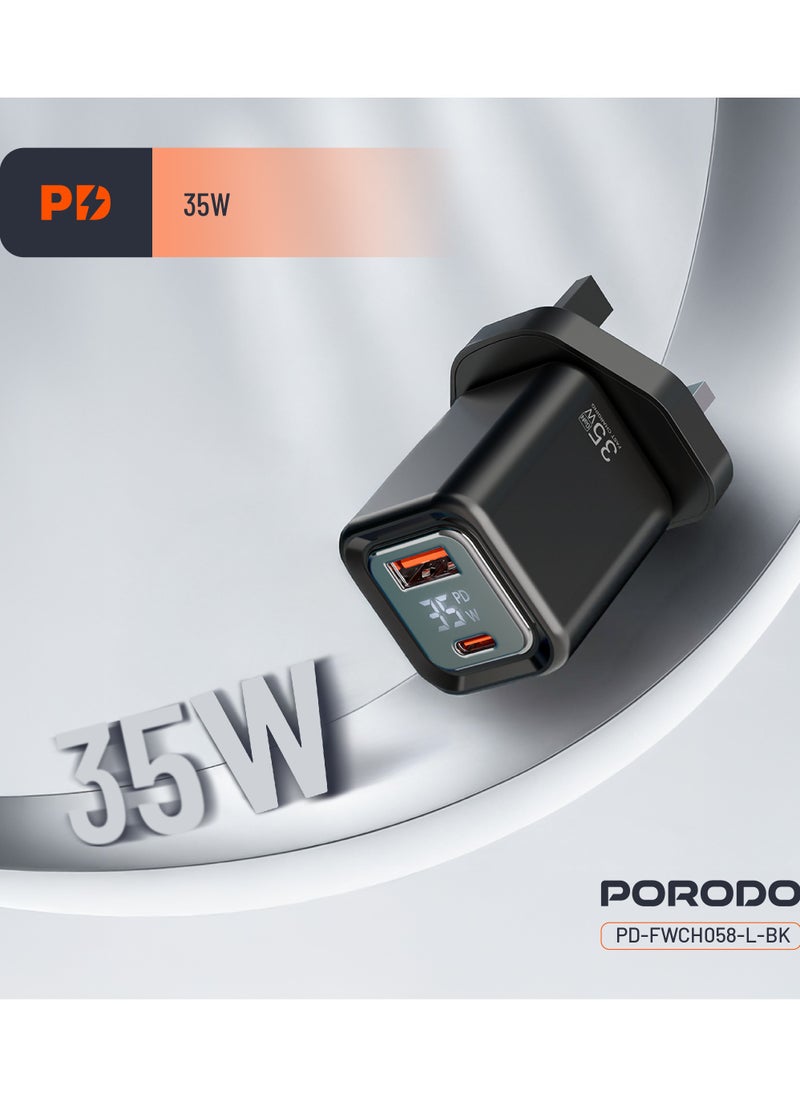 porodo - Dual-Port Wall Charger 35W with Lightning Cable and Digital Display / Quick Charger / GaN Technology / UK Plug / for Phone/Tablet/Camera/Controller / Home and Travel - Black - Image 1