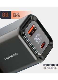 porodo Dual-Port Wall Charger 35W with Lightning Cable and Digital Display / Quick Charger / GaN Technology / UK Plug / for Phone/Tablet/Camera/Controller / Home and Travel - Black  - Image 4