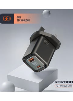 porodo Dual-Port Wall Charger 35W with Lightning Cable and Digital Display / Quick Charger / GaN Technology / UK Plug / for Phone/Tablet/Camera/Controller / Home and Travel - Black  - Image 3