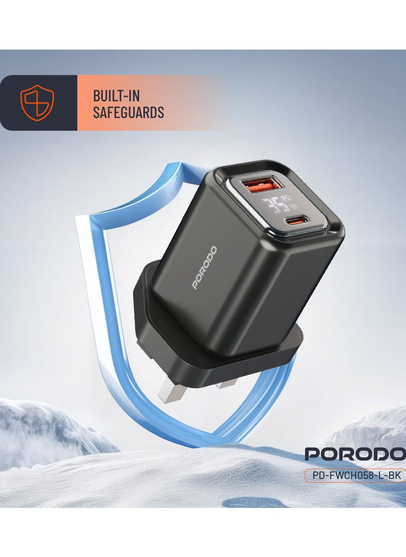 porodo - Dual-Port Wall Charger 35W with Lightning Cable and Digital Display / Quick Charger / GaN Technology / UK Plug / for Phone/Tablet/Camera/Controller / Home and Travel - Black - Image 1