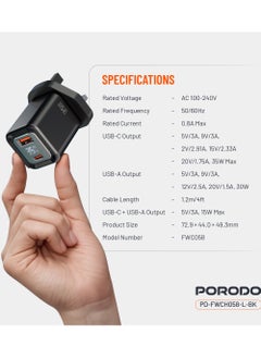 porodo Dual-Port Wall Charger 35W with Lightning Cable and Digital Display / Quick Charger / GaN Technology / UK Plug / for Phone/Tablet/Camera/Controller / Home and Travel - Black  - Image 5