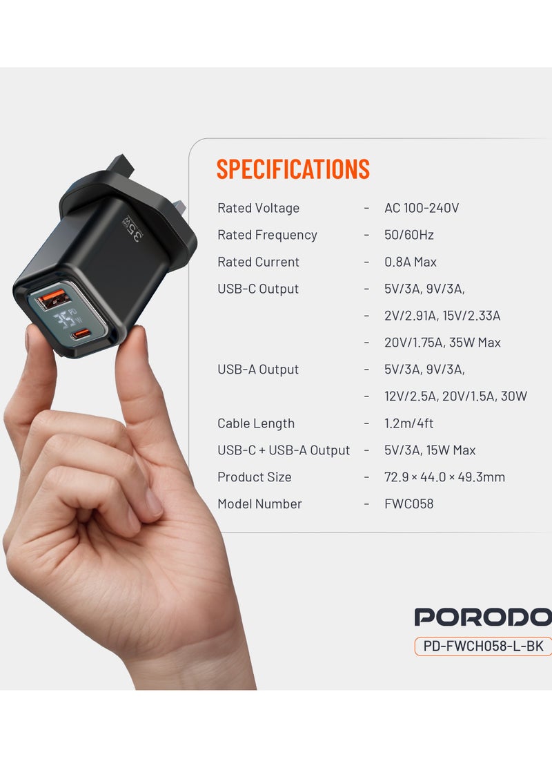 porodo - Dual-Port Wall Charger 35W with Lightning Cable and Digital Display / Quick Charger / GaN Technology / UK Plug / for Phone/Tablet/Camera/Controller / Home and Travel - Black - Image 1
