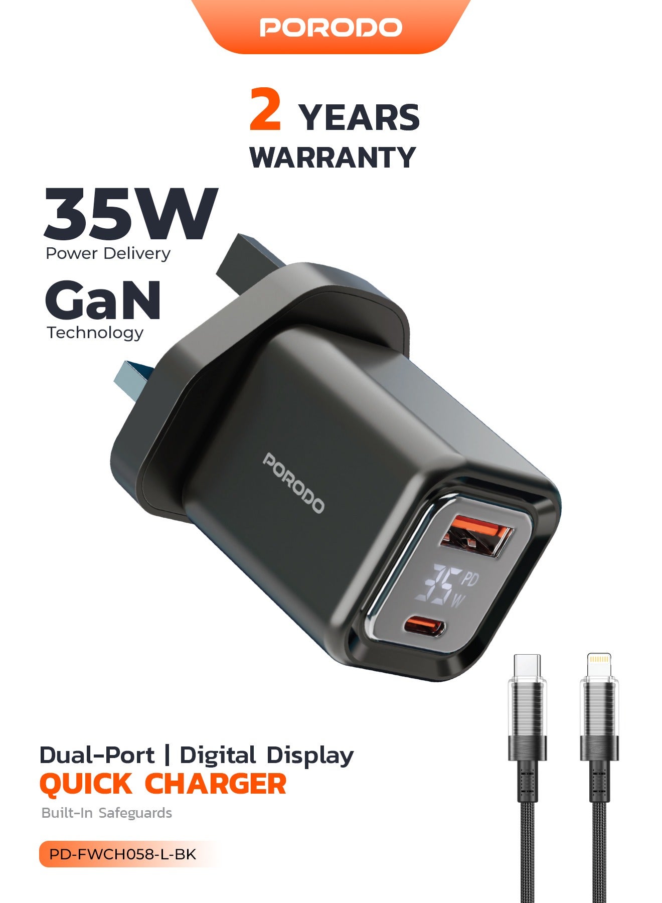 Dual-Port Wall Charger 35W with Lightning Cable and Digital Display / Quick Charger / GaN Technology / UK Plug / for Phone/Tablet/Camera/Controller / Home and Travel - Black