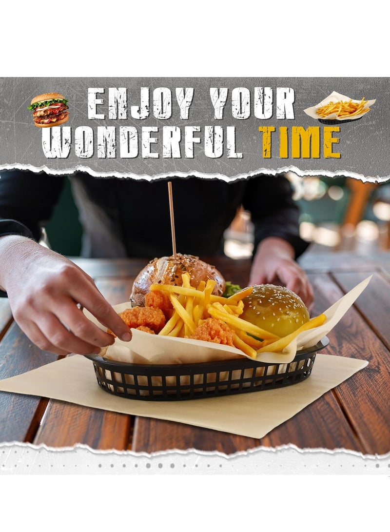 SOLARAE 10 قطع سلال طعام سريعة سوداء، مع 200 ورقة تغليف، سلال دلي كلاسيكية، 10.6 × 7.1 بوصة سلال دلي، مع مربعات ورق دلي القابلة للتصرف، ورق دلي مشمع جاف لتنظيف سهل برجر، بطاطس مقلية، شواء - Image 3