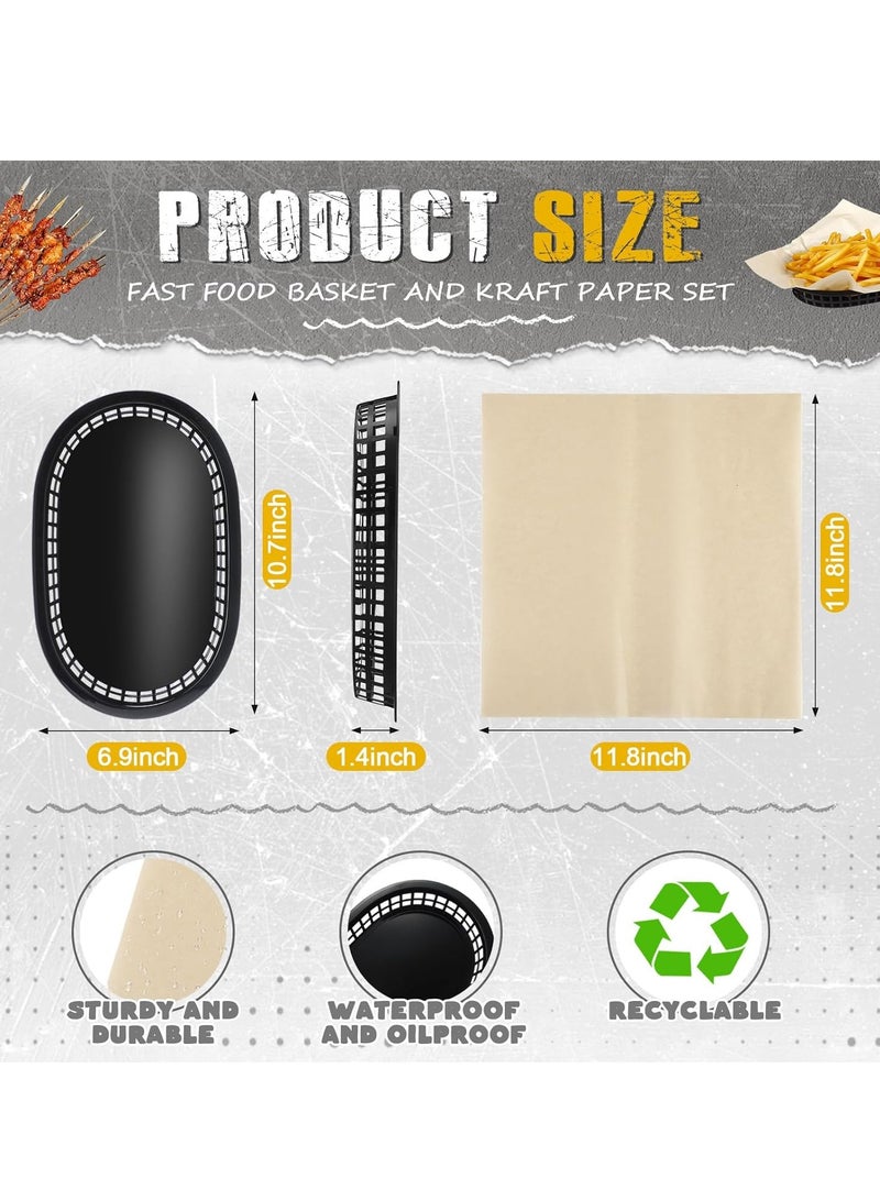 SOLARAE 10 قطع سلال طعام سريعة سوداء، مع 200 ورقة تغليف، سلال دلي كلاسيكية، 10.6 × 7.1 بوصة سلال دلي، مع مربعات ورق دلي القابلة للتصرف، ورق دلي مشمع جاف لتنظيف سهل برجر، بطاطس مقلية، شواء - Image 5