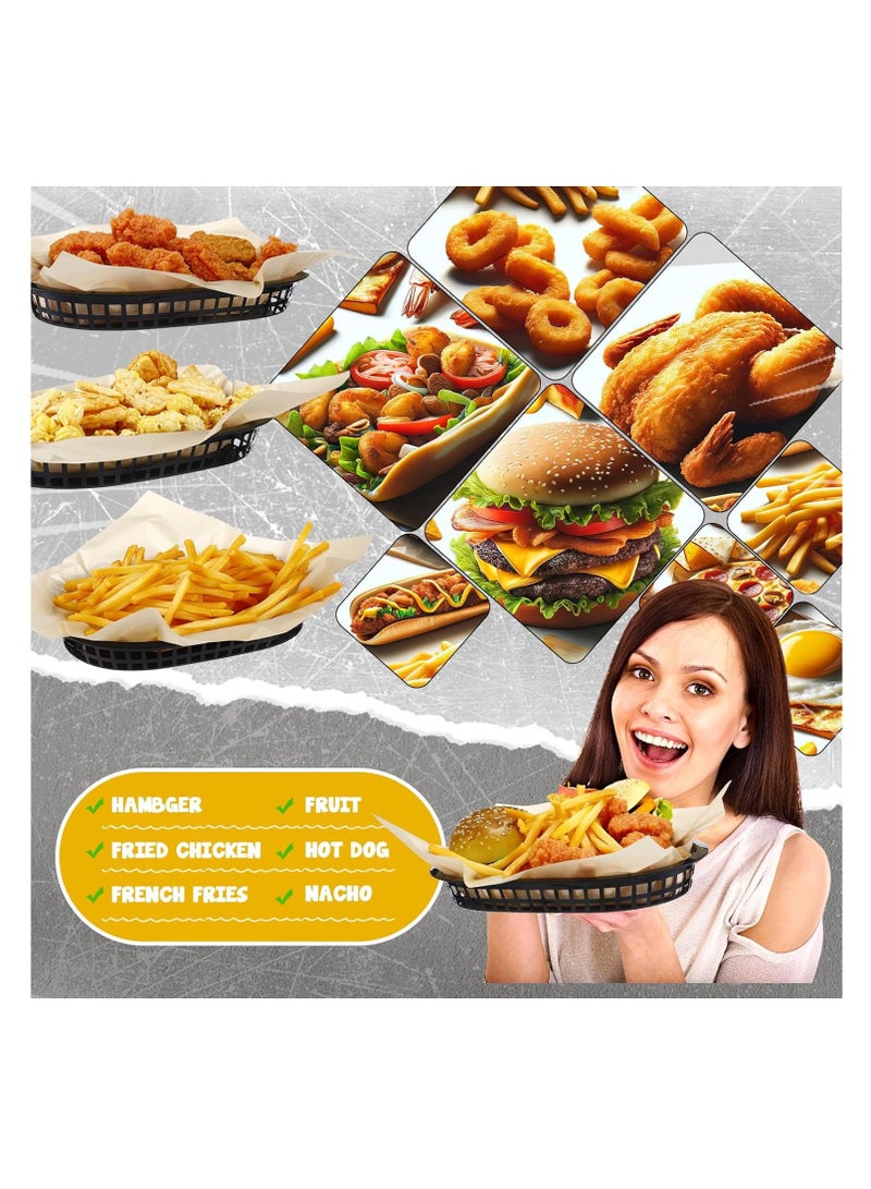 SOLARAE 10 قطع سلال طعام سريعة سوداء، مع 200 ورقة تغليف، سلال دلي كلاسيكية، 10.6 × 7.1 بوصة سلال دلي، مع مربعات ورق دلي القابلة للتصرف، ورق دلي مشمع جاف لتنظيف سهل برجر، بطاطس مقلية، شواء - Image 2