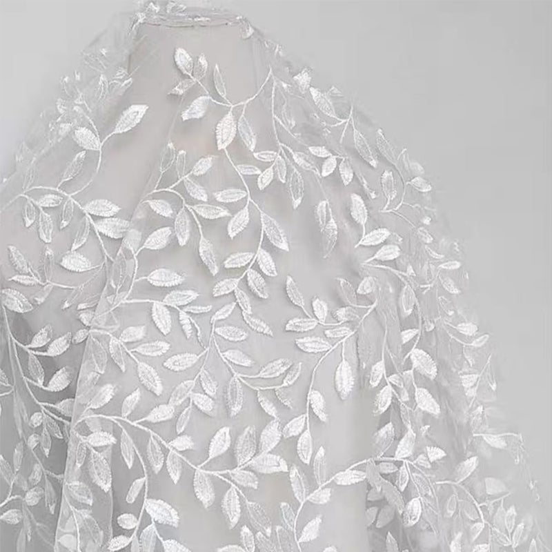 MAYJOYDIY 2 Yards646 Inch Vintage Branch Leaves Mesh Lace Fabric Wide Light Ivory Embroidery Tulle French Sewing Lace Trim Fabrics for DIY Crafts Wedding Party Dresses Curtains Home Decoration