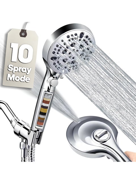Shower Head with Filtration Hard Water for Bathroom, High Pressure 10 Spray Mode Filtered Hand Held Showerhead Nozzle with Turbocharged for Bath Spa Massage with Filter Stones Balls