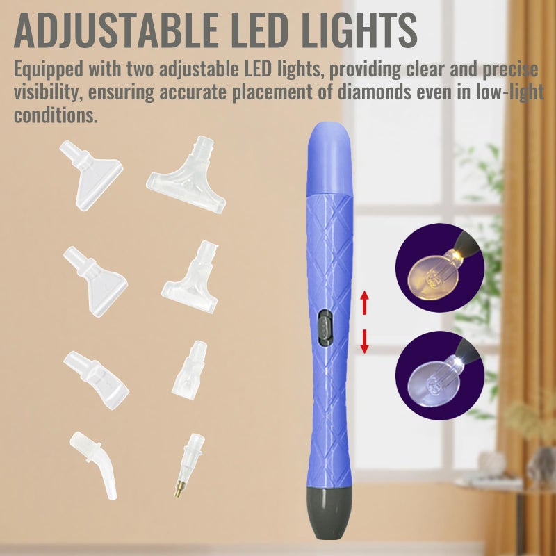 Roioiow Electric Diamonds Paintings Art Drill Pen with LED, Double-Headed Design, 8 Interchangeable Tips for Square Round Beads, DIY Craft Tool (Purple) - Image 4