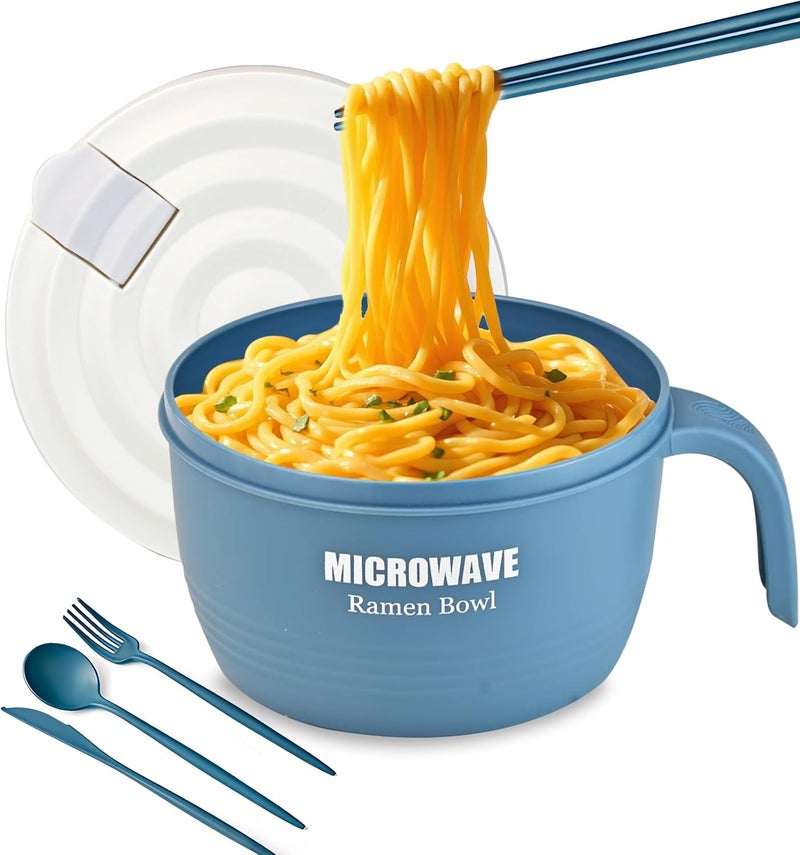 Layron Large Ramen Bowl Ramen Noodle Bowls MicrowavableRamen Bowl Microwavable 45 oz Ramen Cooker Microwave Pasta Cooker Ramen Bowl Microwave Gift for College Boys Girls Male Female Dorm Room blue - Image 1