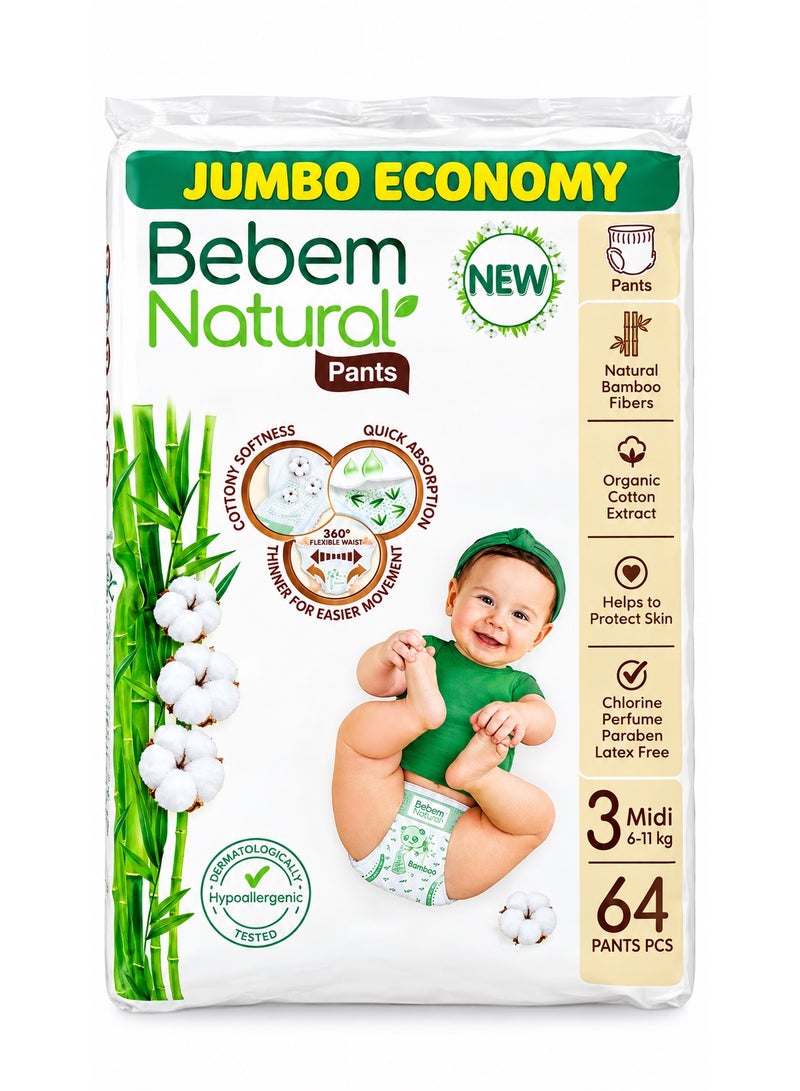 Bebem Natural Pants Baby Diapers, Size 3 Midi (6-11 kg), Jumbo Economy Pack, 64 Count - Image 3