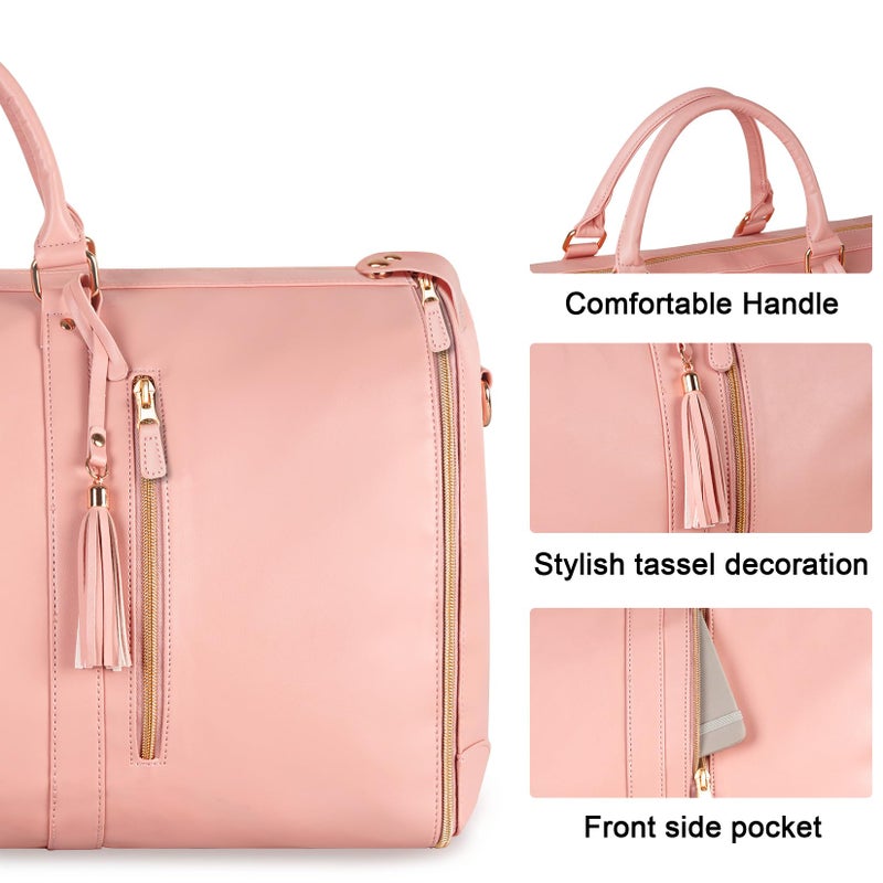 Ytonet Garment Duffle Bags for Travel, Convertible Carry On Garment Bag for Women, Large PU Leather Foldable Travel Bag with Shoe Pouch, 2 in 1 Hanging Suitcase Dress Suit Travel Bags, Pink - Image 5