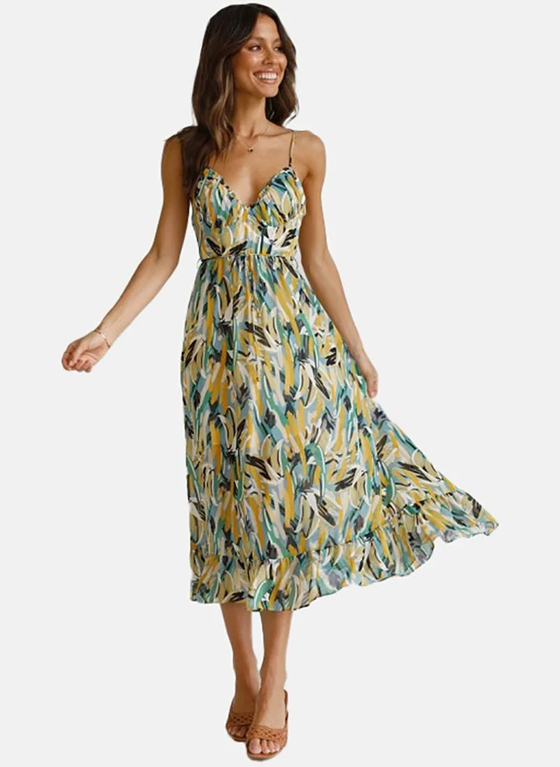 يونيكي Green & Blue Abstract Print Empire Midi Dress
