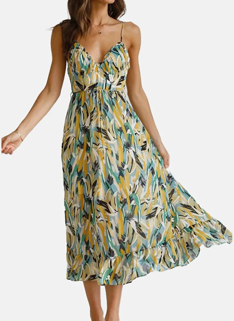 يونيكي Green & Blue Abstract Print Empire Midi Dress