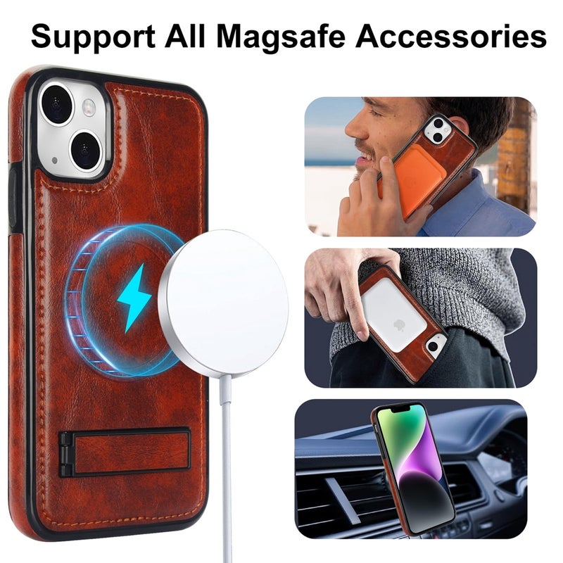 HuHa Protective Cover For iPhone 14 Plus Retro Leather Invisible Stand MagSafe Phone Case(Brown) - Image 2
