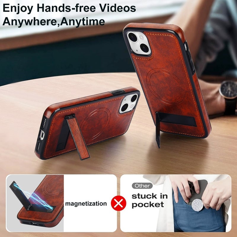 HuHa Protective Cover For iPhone 14 Plus Retro Leather Invisible Stand MagSafe Phone Case(Brown) - Image 3