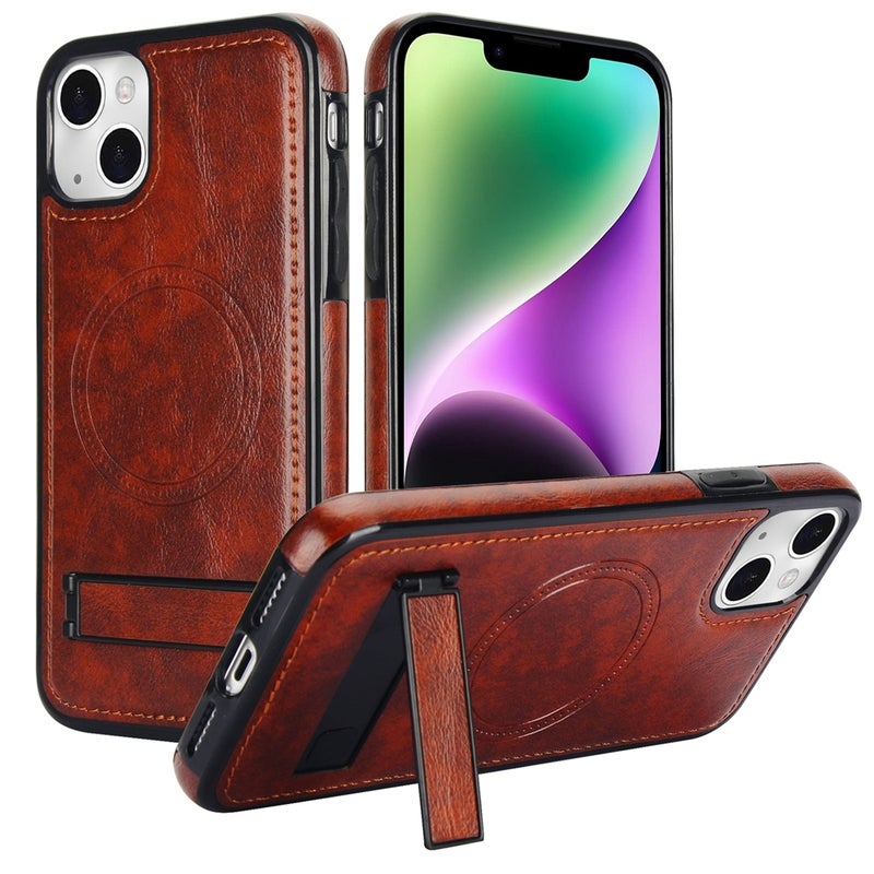 HuHa Protective Cover For iPhone 14 Plus Retro Leather Invisible Stand MagSafe Phone Case(Brown) - Image 1