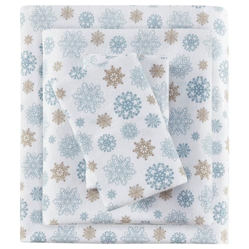 Sleep Philosophy True North by Sleep Philosophy Cozy Flannel Warm 100% Cotton Sheet - Novelty Print Animals Stars Cute Ultra Soft Cold Weather Bedding Set, Full, Tan/Blue Snowflakes 4 Piece - Image 1