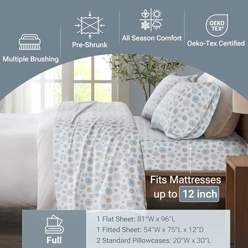 Sleep Philosophy True North by Sleep Philosophy Cozy Flannel Warm 100% Cotton Sheet - Novelty Print Animals Stars Cute Ultra Soft Cold Weather Bedding Set, Full, Tan/Blue Snowflakes 4 Piece - Image 4