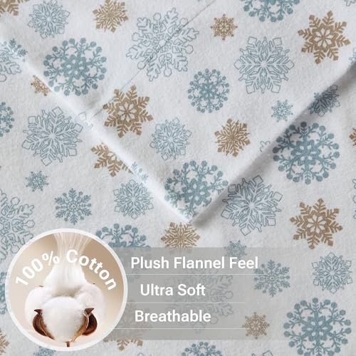 Sleep Philosophy True North by Sleep Philosophy Cozy Flannel Warm 100% Cotton Sheet - Novelty Print Animals Stars Cute Ultra Soft Cold Weather Bedding Set, Full, Tan/Blue Snowflakes 4 Piece - Image 3