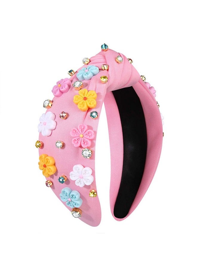 CEALXHENY - Pearl Knotted Headbands For Women Printed Flower Headbands Rhinestone Crystal Knotted Headbands Sparkly Jeweled Beads Embellished Top Knot Headband Summer Hair Accessories (Pink Flower A) - Image 1