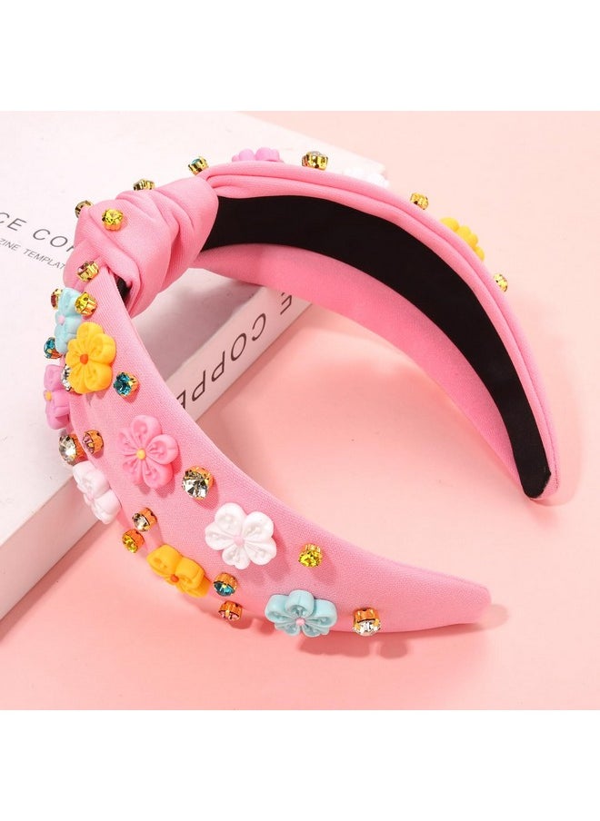 CEALXHENY - Pearl Knotted Headbands For Women Printed Flower Headbands Rhinestone Crystal Knotted Headbands Sparkly Jeweled Beads Embellished Top Knot Headband Summer Hair Accessories (Pink Flower A) - Image 1