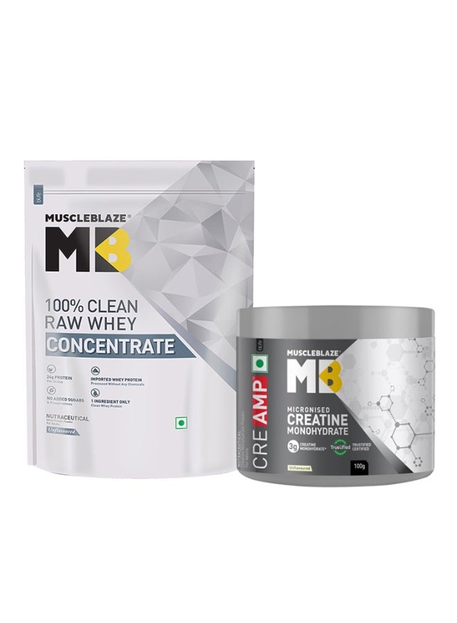 مسل بلايز MuscleBlaze - بروتين مصل اللبن الخام المركز (Raw Whey Protein Concentrate) بنقاء 100%، غير مُنكَّه (1 كجم / 2.2 رطل) + كرياتين مونوهيدرات ميكروني (CreAMP)، غير مُنكَّه (32 حصة، 100 جم) | عبوة مشتركة - Image 1