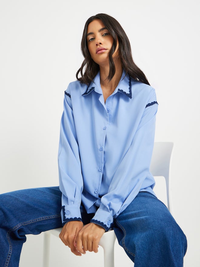 Take Two Take Two Solid Lace Detail Oversized Shirt  - Image 1