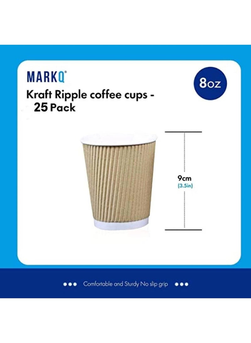 MARKQ 8 oz. Brown Disposable Ripple Insulated Coffee Cups - Hot Beverage Corrugated Paper Cups [25 Cups]  - Image 2