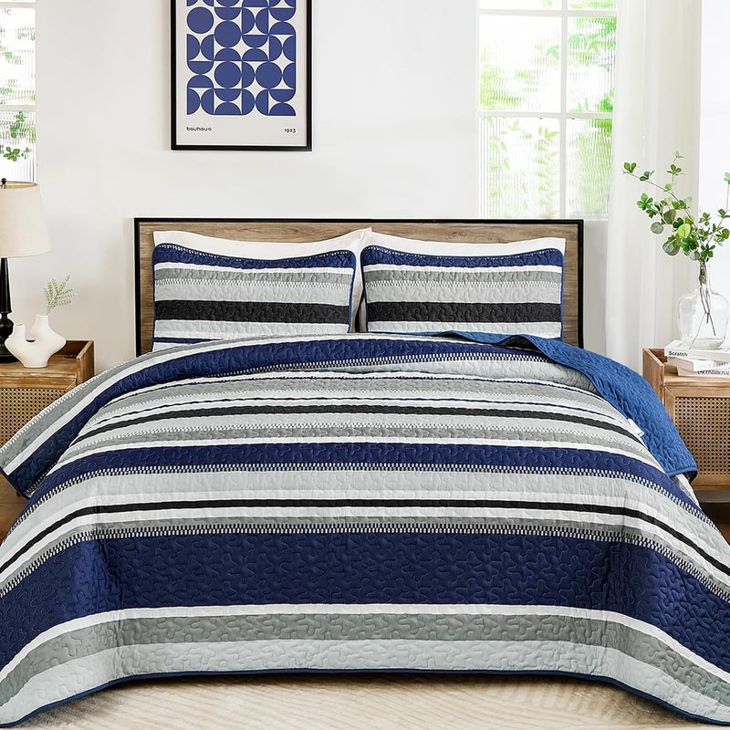 WONGS BEDDING مجموعة بطانيات من WONGS لحجم فول سايز، بطانية بلون أزرق بحري، مجموعات أغطية صيفية، تتكون من 3 قطع، بطانيات خفيفة الوزن بألوان مخطوطة، مقاس 90" × 78". - Image 2
