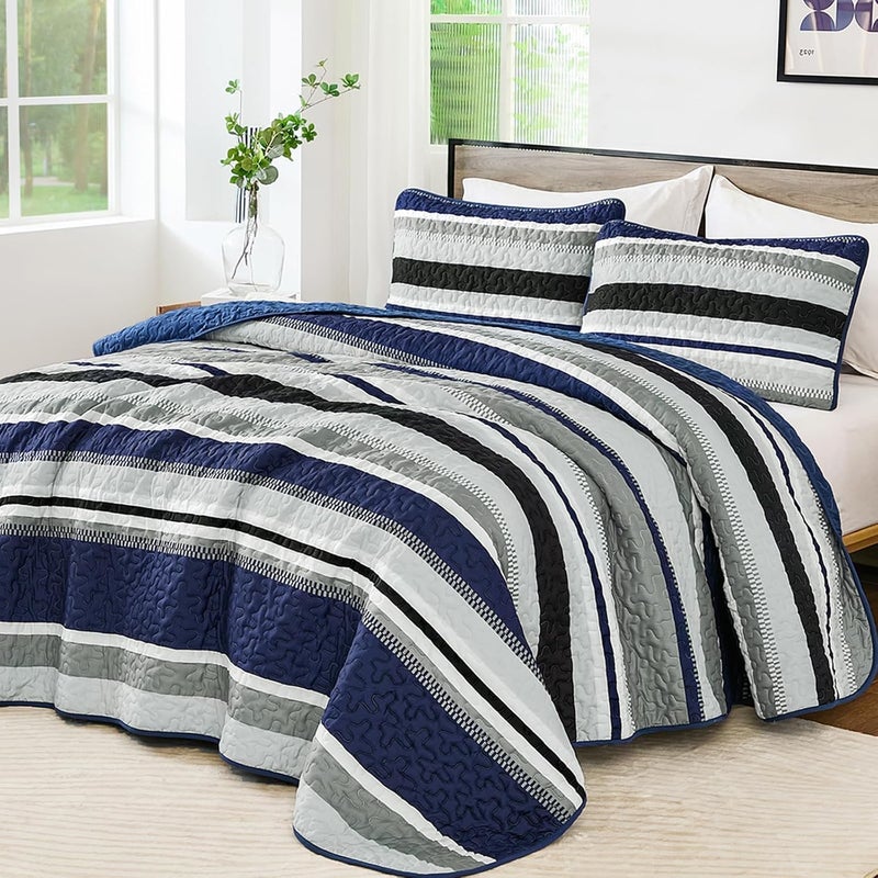 WONGS BEDDING مجموعة بطانيات من WONGS لحجم فول سايز، بطانية بلون أزرق بحري، مجموعات أغطية صيفية، تتكون من 3 قطع، بطانيات خفيفة الوزن بألوان مخطوطة، مقاس 90" × 78". - Image 1
