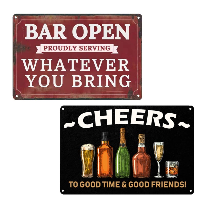 VSIIKO Bar Open and Cheers Funny Metal Tin Sign Home Bar Signs for Man Cave Coffee Small Vintage Wall Decor for Men 8x12 Inch(2pcs)