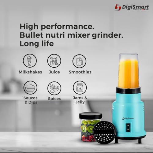 DIGISMART 500W Nutri Mixer Grinder for Chutney, Juice and Shake with 2 Jars, Fast Grinding Wet & Dry Ingridients, Stainless Blade, Long Lasting Shock Proof ABS Body, 1 Years Warranty - Blue - Image 5