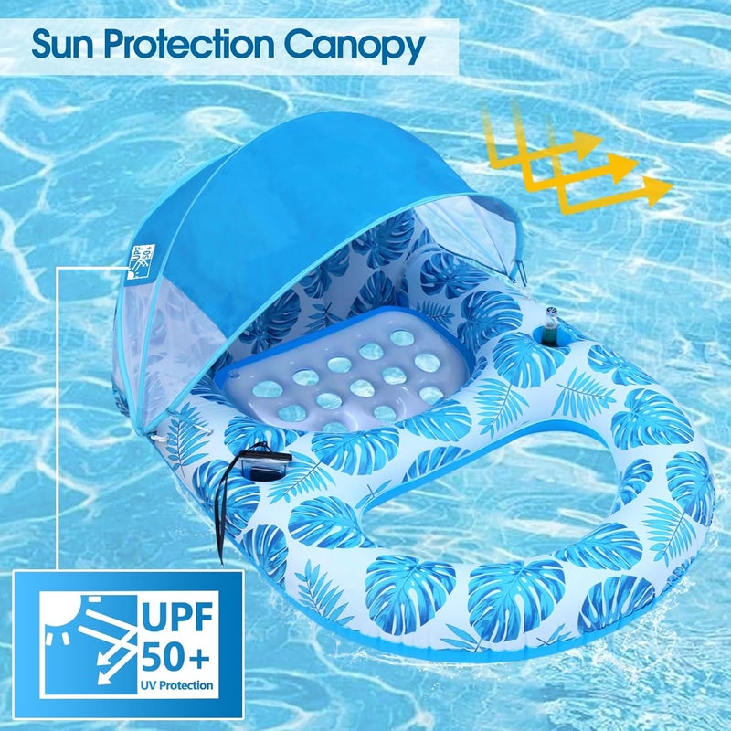 COOLCOOLDEE Pool Lounge Float with Canopy UPF50+,Extra Large Pool Floats for Adults Heavy Duty,Inflatable Lounger Float with Cup Holder & Backrest,Footrest - Image 2