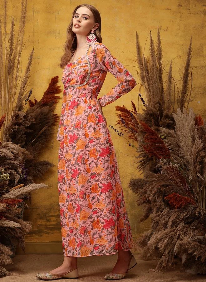 STREET 9 Pink Sequined Yoke Printed Ethnic Maxi Dresses