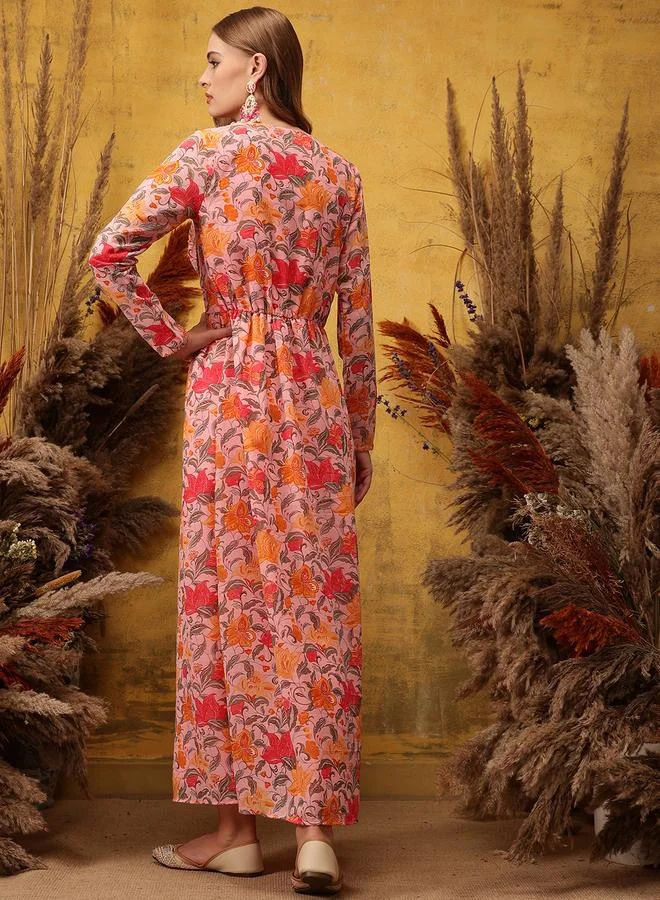 STREET 9 Pink Sequined Yoke Printed Ethnic Maxi Dresses