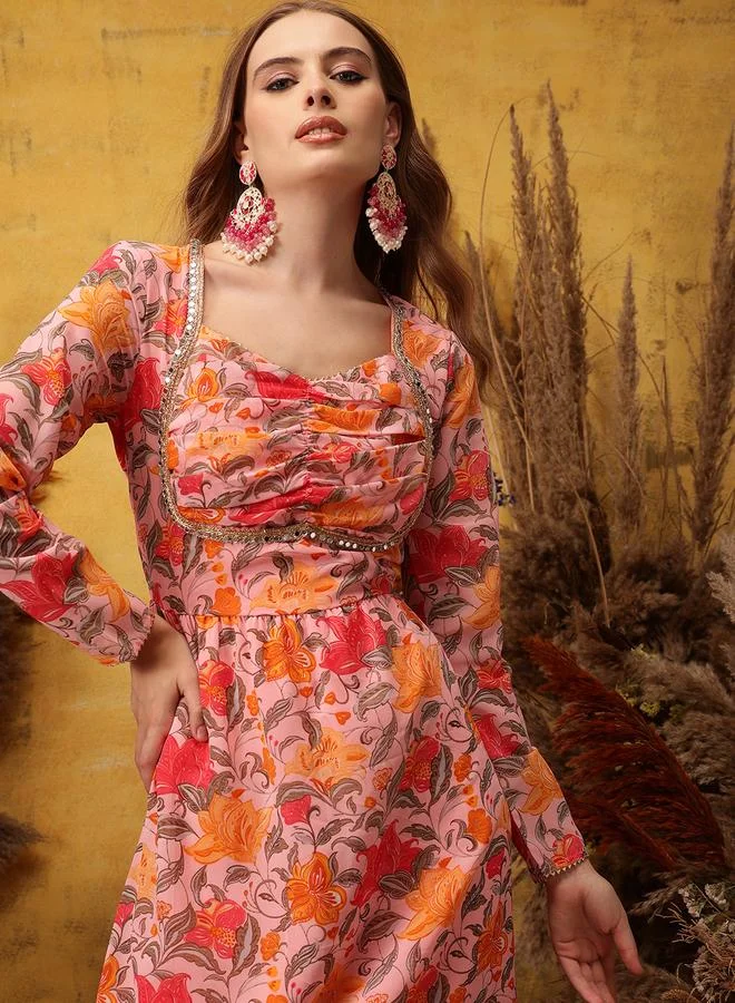 STREET 9 Pink Sequined Yoke Printed Ethnic Maxi Dresses
