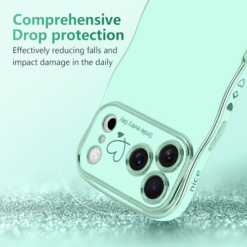 LCHULLE for iPhone 17 Pro Max Case for Women Girls, Cute Wave Frame Curly Shape with Love Heart Raised Camera Protection Cover Luxury Plating Shockproof Phone Case for iPhone 17 Pro Max, Mint Green - Image 3