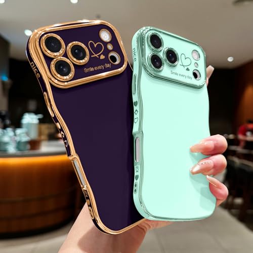 LCHULLE for iPhone 17 Pro Max Case for Women Girls, Cute Wave Frame Curly Shape with Love Heart Raised Camera Protection Cover Luxury Plating Shockproof Phone Case for iPhone 17 Pro Max, Mint Green - Image 5