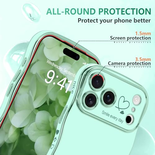 LCHULLE for iPhone 17 Pro Max Case for Women Girls, Cute Wave Frame Curly Shape with Love Heart Raised Camera Protection Cover Luxury Plating Shockproof Phone Case for iPhone 17 Pro Max, Mint Green - Image 4