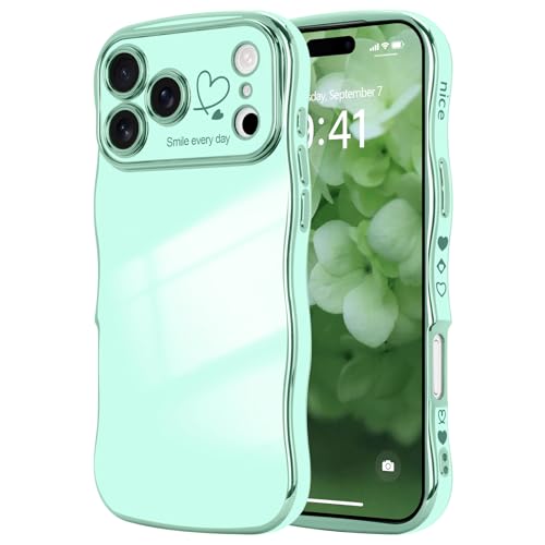 LCHULLE for iPhone 17 Pro Max Case for Women Girls, Cute Wave Frame Curly Shape with Love Heart Raised Camera Protection Cover Luxury Plating Shockproof Phone Case for iPhone 17 Pro Max, Mint Green - Image 1