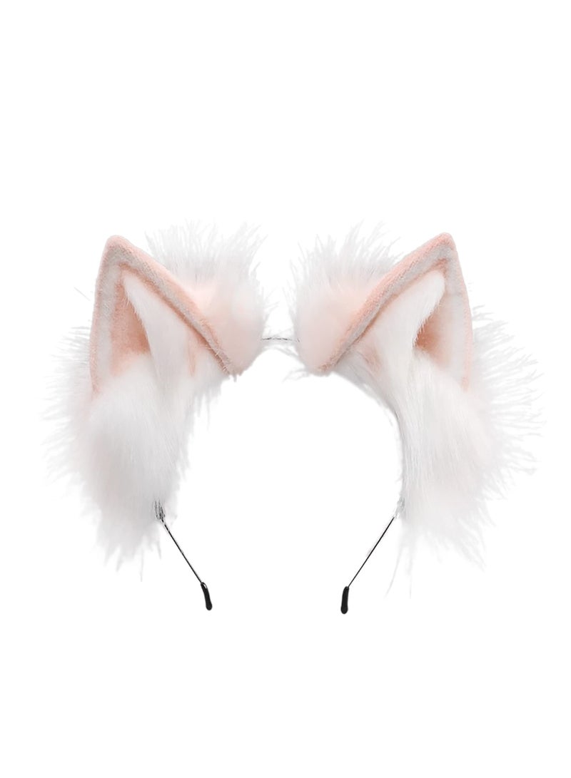 SYOSI Handmade Cat Ears Hair Band, Fur Fox Wolf Cat Ears, Adjustable Hairhoop Headwear Women Men Cosplay Costume Anime Fancy Dress Party Cute Head Accessories for Halloween, Daily Decoration (Pink White) - Image 1