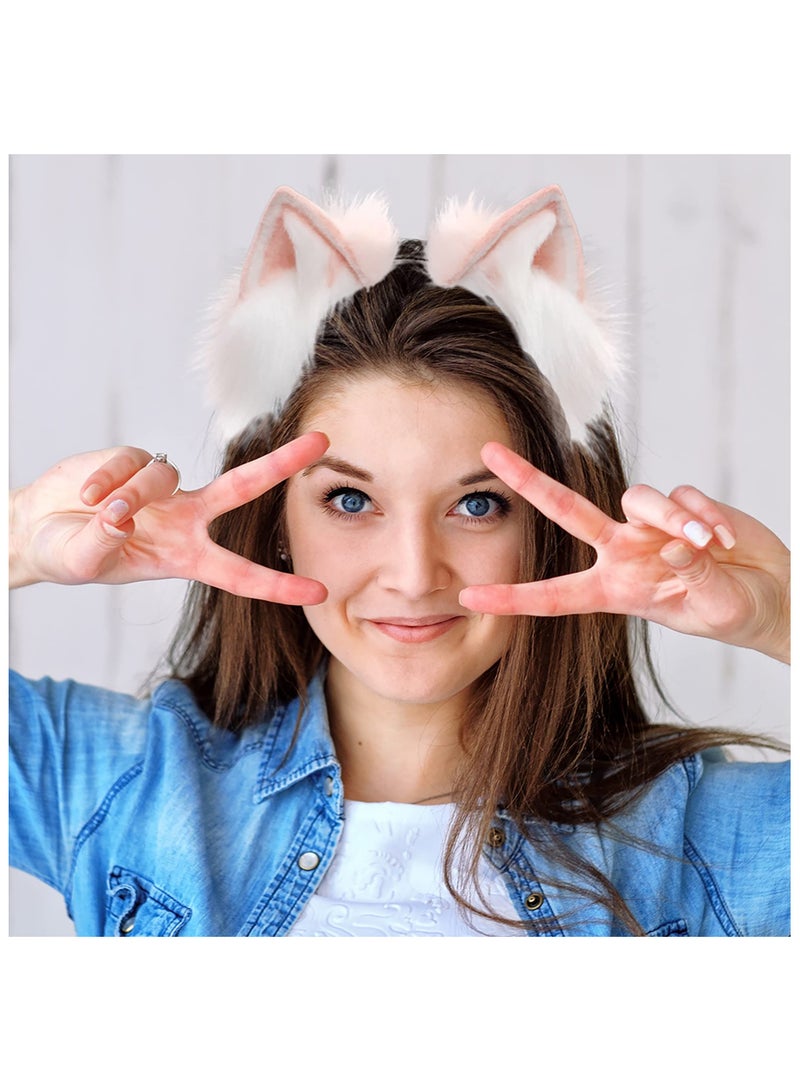 SYOSI Handmade Cat Ears Hair Band, Fur Fox Wolf Cat Ears, Adjustable Hairhoop Headwear Women Men Cosplay Costume Anime Fancy Dress Party Cute Head Accessories for Halloween, Daily Decoration (Pink White) - Image 2